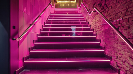  Vibrant pink neon lights outlining each step of a straight staircase in a trendy urban loft, creating a dynamic visual effect 