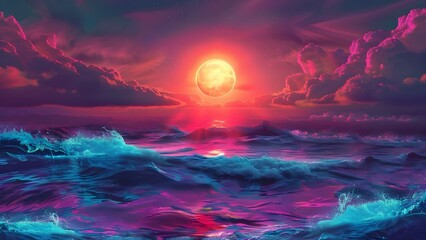 Psychedelic Sunset: A Surreal Neon Wave Seascape. Concept Nature Photography, Vibrant Colors, Abstract Art, Landscape, Ocean Sunset
