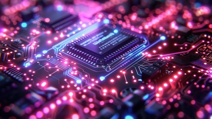 Obraz premium A digital artwork showcasing an intricate circuit board with glowing blue and purple elements