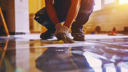 Fototapeta premium Close-up of a worker installing ceramic floor tiles, carefully pressing down on a tile with a gloved hand.