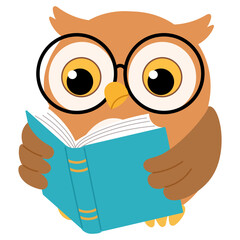 cute owl wearing eye glasses reading book cartoon illustration