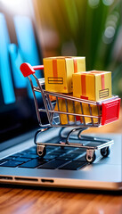 Supermarket Shopping cart with gift presents on laptop computer Online retail ecommerce business concept