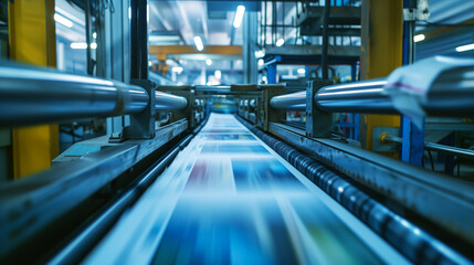Obraz premium Dynamic view of paper sheets rapidly moving on a conveyor belt in a modern printing facility.
