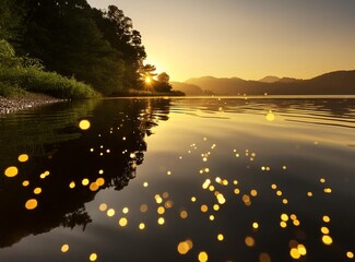  A serene lakeside scene where fireflies hover above the water surface, their soft glow reflection.