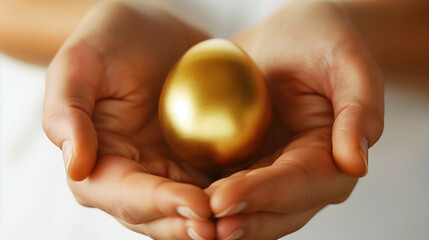 Close-up of two hands gently cradling a shiny golden egg, symbolizing wealth and care.