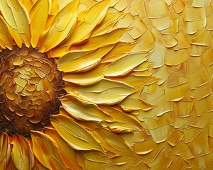 Richly textured abstract oil painting featuring sunflower petals in vivid yellow and gold hues, highlighted with elegant gold lines, created using a palette knife for depth and intensity