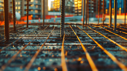 Close-up view of steel reinforcement bars on a construction site with a blurred urban background during sunset.