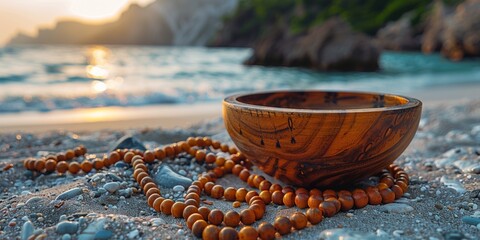 Serene beach scene with wooden bowl symbolizing relaxation and tranquility. - Powered by Adobe