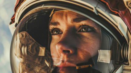 Through glass view of pensive young female model in astronaut suit and helmet looking at transparent window in space