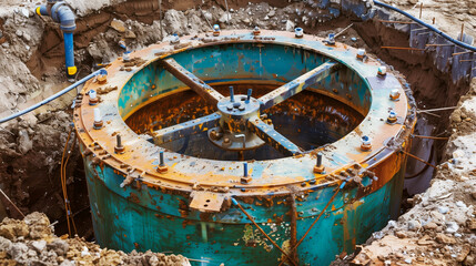 A large, rusty cylindrical structure partially submerged in an excavation site with various pipes and bolts.
