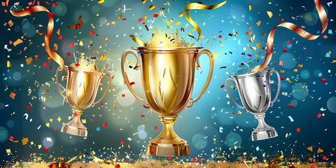 Golden winner's cup in the middle of a blue glitter bokeh background Championship cup or winner trophy in celebration confetti .