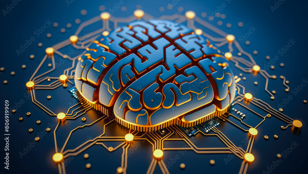 Poster digital mind. brain artificial intelligence concept. high-tech circuit board cpu processor microchip