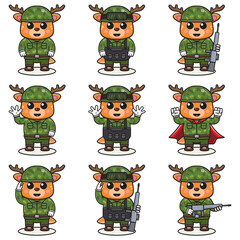 Cute Deer soldier in camouflage uniform. Cartoon funny Deer soldier character with helmet and green uniform in different positions. Funny Animal Vector illustration Set.