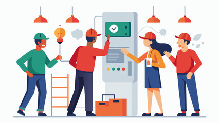 The installation team is busy setting up and connecting the fire alarm control panel the central hub for monitoring and responding to all fire safety. Vector illustration