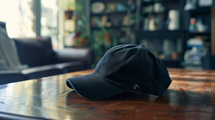 A black cap lies on the table