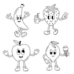 set of isolated outline funny banana, strawberry, apple, lemon