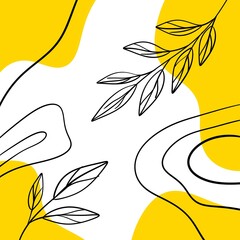 Aesthetic midcentury boho line art with foliages contours yellow abstract shapes in the background