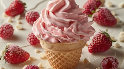 An ice cream cone with pink icing and strawberries on a white tablecloth with scattered white and red strawberries