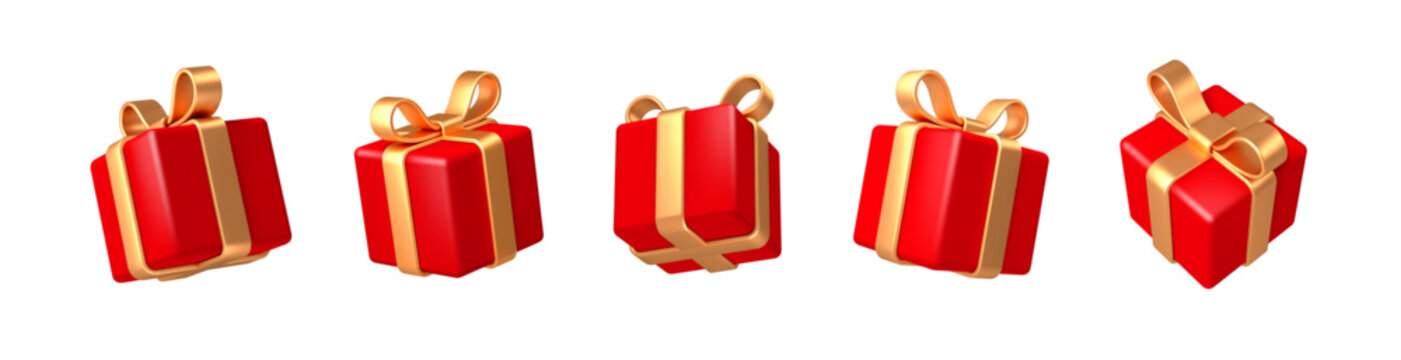 Set of realistic 3d render gift boxes. Red gift box with golden bow and ribbon. Gift box in different angles. Vector illustration.