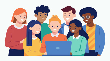 A group of international students huddle around a laptop researching and discussing different parttime job opportunities to help supplement their. Vector illustration