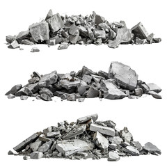 Panorama. A pile of concrete gray fragments of a destroyed building illuminated by the sun with a huge support beam in the foreground, isolated on a white background.