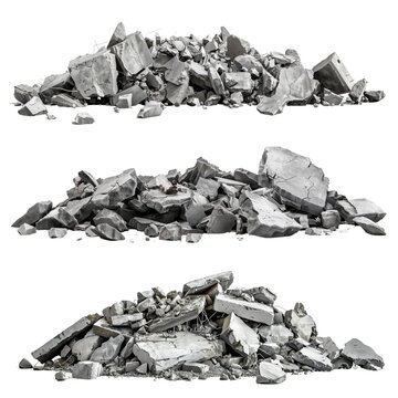 Panorama. A pile of concrete gray fragments of a destroyed building illuminated by the sun with a huge support beam in the foreground, isolated on a white background.