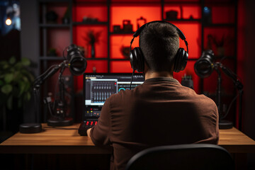 Fototapeta premium Radio podcast deejay near microphone recording news song program live broadcasting Generative AI