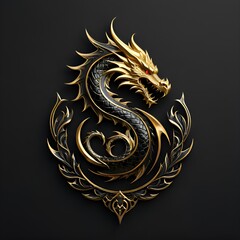 Gold and black dragon on a black backdrop.