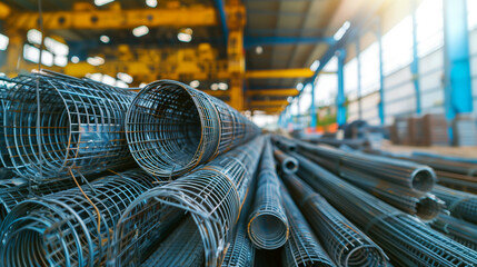 Close-up view of steel reinforcement bars stacked in a warehouse with industrial background.