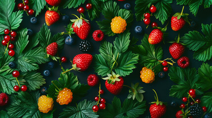 Vibrant flat-lay of assorted berries and leaves on a dark background, depicting freshness and variety.