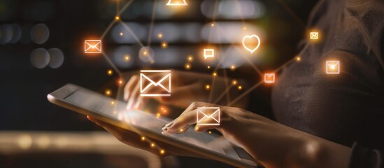 A person is using an iPad to showcase the concept of email marketing with glowing digital icons floating above their hands