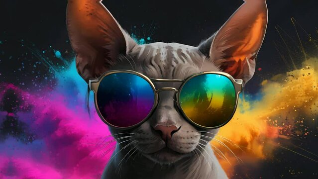 Cute sphinx cat wear sunglasses, Seamless looping 4k video animation background.