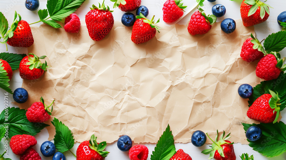 Poster Assorted fresh berries like strawberries, raspberries, and blueberries on crumpled paper background.