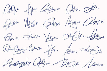 Signatures set. Fictitious handwritten signatures for signing documents on white background. 