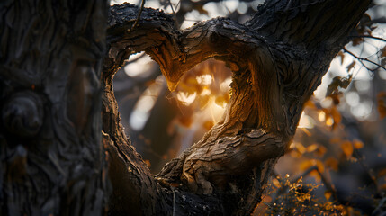 sunset in the forest heart shape tree in the park