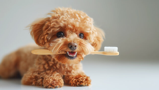 Cute miniature poodle holding a toothbrush in his teeth on a blank background with copy space, close-up. Healthy teeth concept