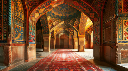 Obraz premium Interior of an ornate traditional hall with vibrant arches, detailed mosaic work, and a long red carpet.