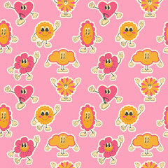 2000s pattern with cartoon groovy characters on a pink background. 2000s background