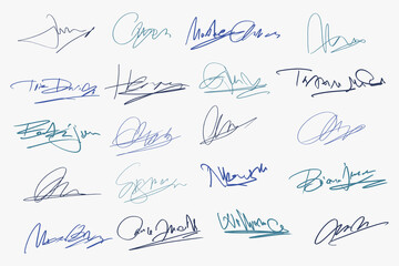 Signatures set. Fictitious handwritten signatures for signing documents on white background. 