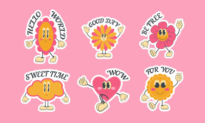  A set of stickers of cartoon groovy characters with inscriptions in the style of the 90s, 2000s. 2000s elements set