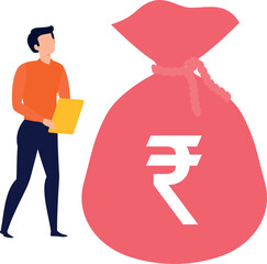 The boy is looking at the money bag.