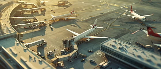 Aerial airport view at dusk, showcasing the ballet of ground operations.