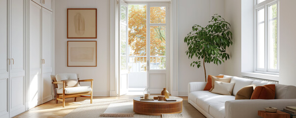 Sunny white living room decorating in Scandinavian style. Simply decoration.