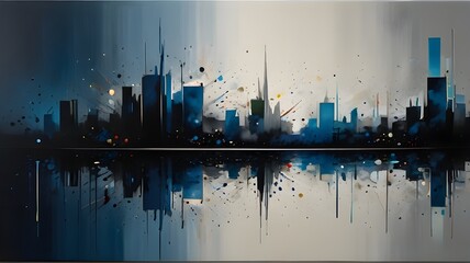 A gradient of dark blue and black sets the stage for this visually stunning piece. But it's the sparkling light-colored dots scattered throughout that truly make it unique. In the foreground, a modern