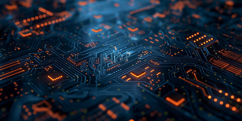 3D Rendered Circuit Board with Glowing Orange Lights, Circuit Board with Orange Indicator Lights

