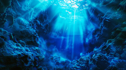 Enchanting underwater scene showing sunbeams illuminating the blue ocean and coral reefs.