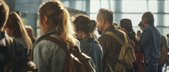 Obraz premium Diverse crowd of commuters in line, waiting patiently, embodying everyday urban life.