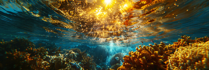 Panoramic underwater view of a vibrant coral reef with sunlight penetrating the ocean's surface.