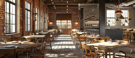 Warm, inviting interior of a rustic restaurant cafe with sunlight streaming through windows.