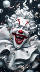 A digitally rendered image of a laughing clown surrounded by festive bubbles